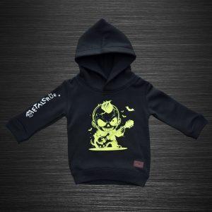 Detská mikina s kapucňou, čierna mikina s kapucňou, čierna metalová mikina s kapucňou, rocková mikina s kapucňou, hororová mikina s kapucňou, čierna detská móda, detský metal, metal, horor, hororová móda pre deti, čierny detský textil, MC, metalcrue, metal crue