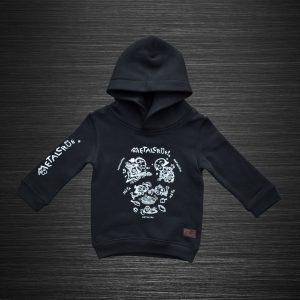Detská mikina s kapucňou, čierna mikina s kapucňou, čierna metalová mikina s kapucňou, rocková mikina s kapucňou, hororová mikina s kapucňou, čierna detská móda, detský metal, metal, horor, hororová móda pre deti, čierny detský textil, MC, metalcrue, metal crue